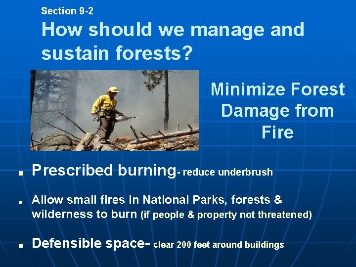 Section 9 -2 How should we manage and sustain forests? Minimize Forest Damage from