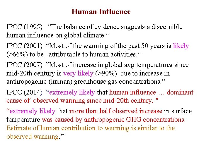 Human Influence IPCC (1995) “The balance of evidence suggests a discernible human influence on