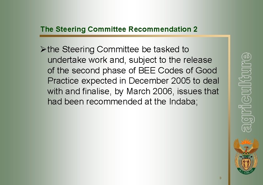 The Steering Committee Recommendation 2 Ø the Steering Committee be tasked to undertake work