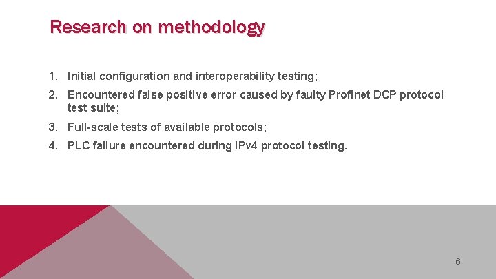 Research on methodology 1. Initial configuration and interoperability testing; 2. Encountered false positive error