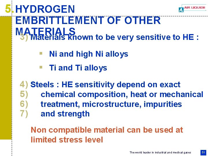 5. HYDROGEN EMBRITTLEMENT OF OTHER MATERIALS 3) Materials known to be very sensitive to