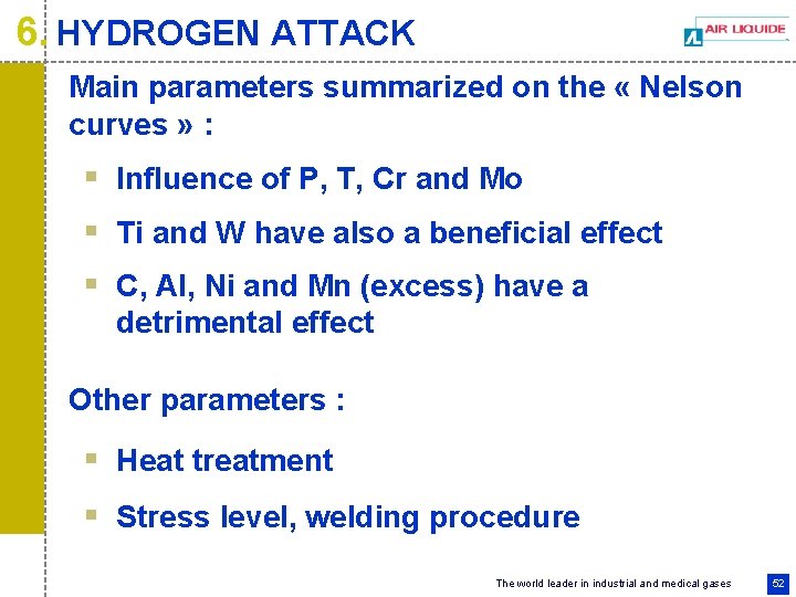 6. HYDROGEN ATTACK Main parameters summarized on the « Nelson curves » : §