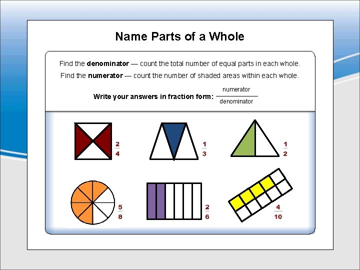 Name Parts of a Whole Find the denominator — count the total number of