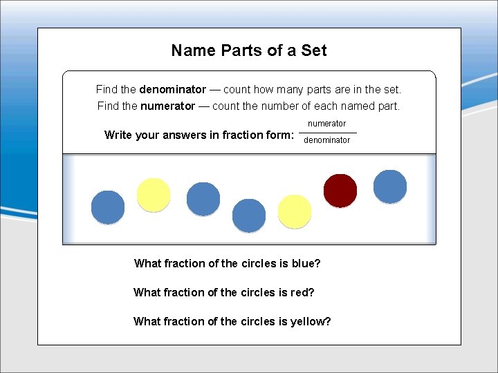 Name Parts of a Set Find the denominator — count how many parts are