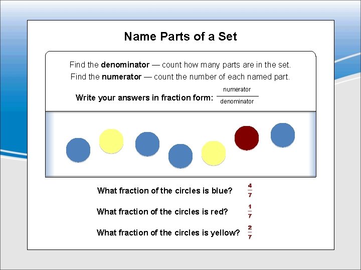 Name Parts of a Set Find the denominator — count how many parts are