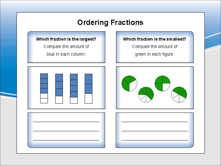 Ordering Fractions Which fraction is the largest? Which fraction is the smallest? Compare the