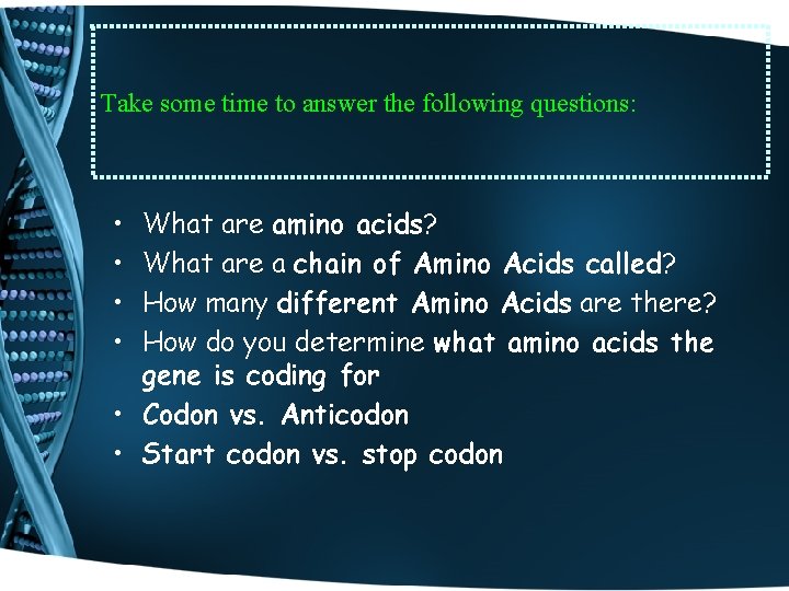 Take some time to answer the following questions: • • What are amino acids?