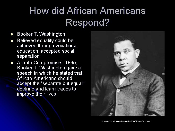 How did African Americans Respond? l l l Booker T. Washington Believed equality could