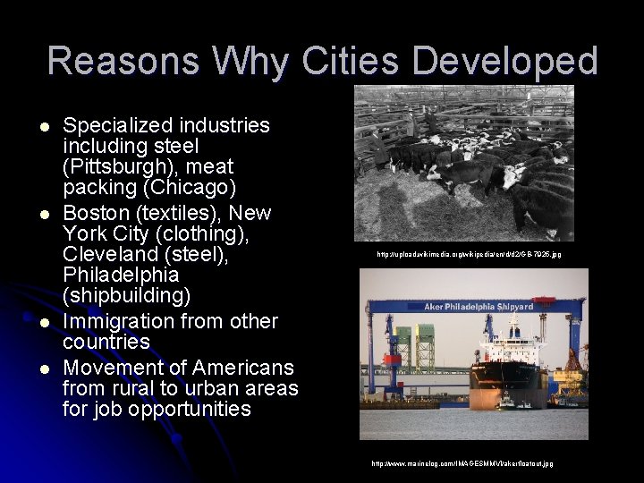 Reasons Why Cities Developed l l Specialized industries including steel (Pittsburgh), meat packing (Chicago)