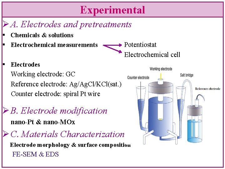 Experimental Ø A. Electrodes and pretreatments § Chemicals & solutions § Electrochemical measurements Potentiostat