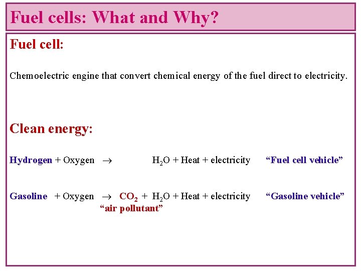 Fuel cells: What and Why? Fuel cell: Chemoelectric engine that convert chemical energy of