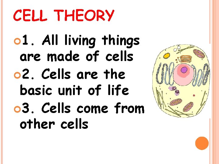 CELL THEORY 1. All living things are made of cells 2. Cells are the