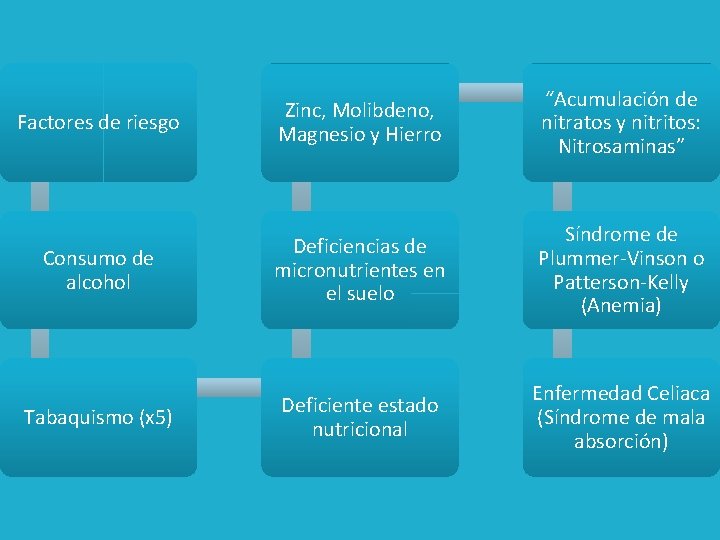 Factores de riesgo Zinc, Molibdeno, Magnesio y Hierro “Acumulación de nitratos y nitritos: Nitrosaminas”