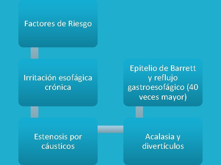 Factores de Riesgo Irritación esofágica crónica Epitelio de Barrett y reflujo gastroesofágico (40 veces