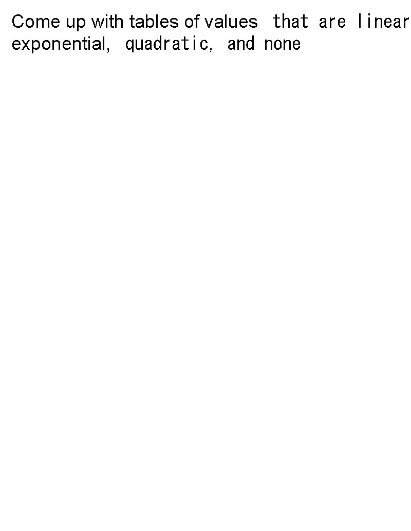 Come up with tables of values that are linear exponential, quadratic, and none 