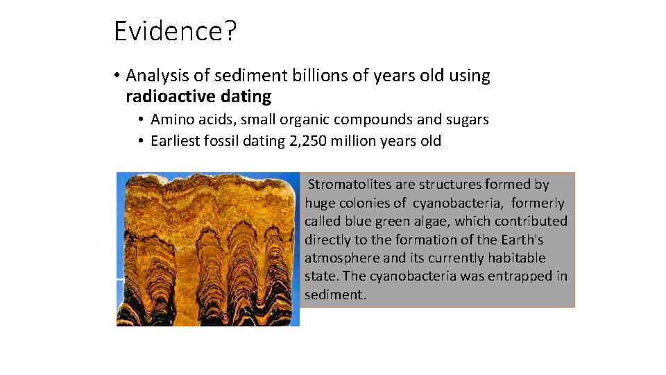 Evidence? • Analysis of sediment billions of years old using radioactive dating • Amino