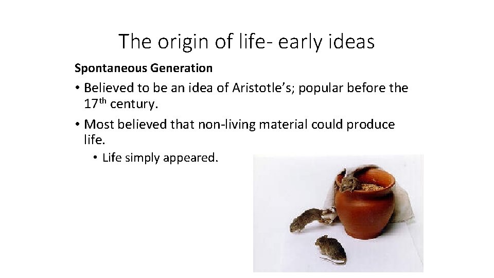 The origin of life- early ideas Spontaneous Generation • Believed to be an idea