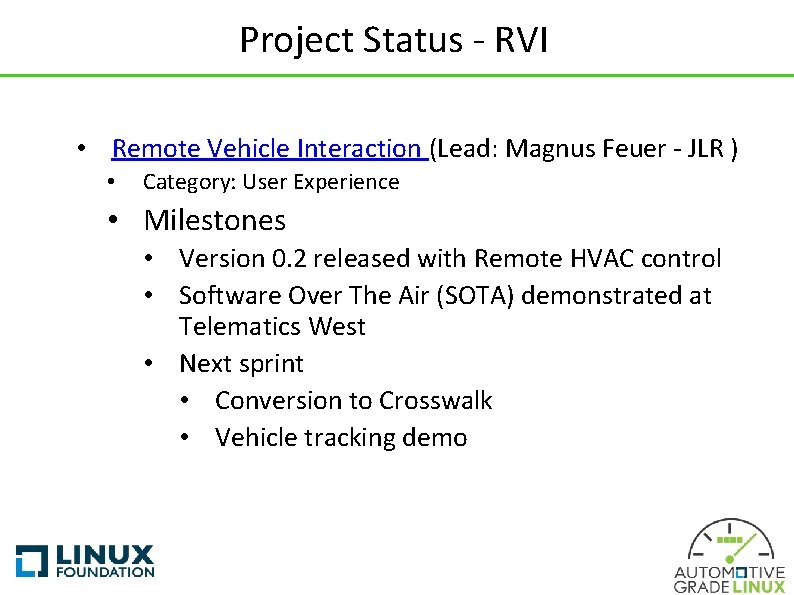 Project Status - RVI • Remote Vehicle Interaction (Lead: Magnus Feuer - JLR )