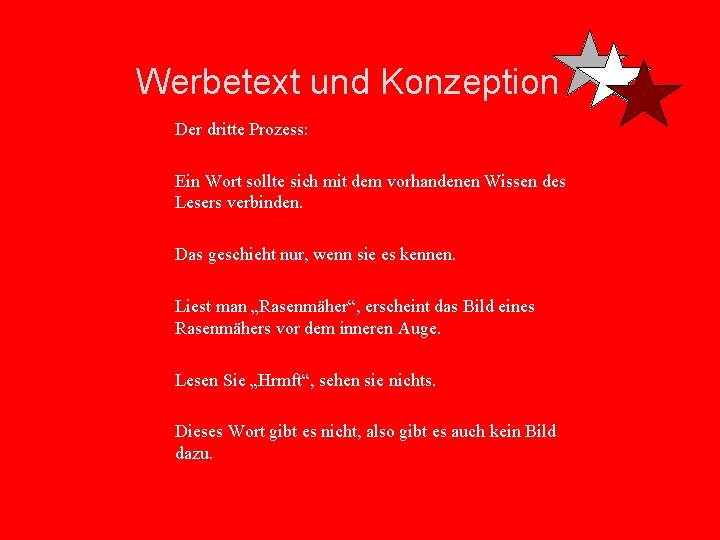 Werbetext und Konzeption Der dritte Prozess: Ein Wort sollte sich mit dem vorhandenen Wissen