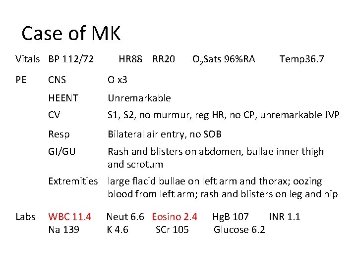 Case of MK Vitals BP 112/72 PE HR 88 RR 20 O 2 Sats