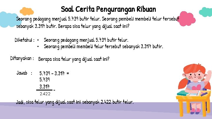 Soal Cerita Pengurangan Ribuan Seorang pedagang menjual 5. 739 butir telur. Seorang pembeli membeli