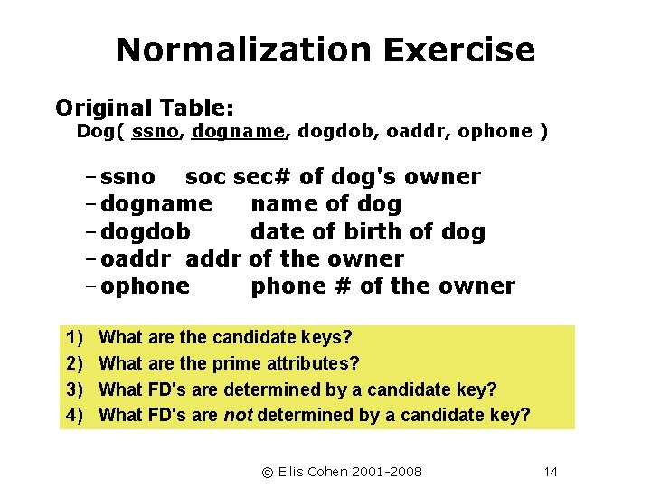Normalization Exercise Original Table: Dog( ssno, dogname, dogdob, oaddr, ophone ) – ssno soc