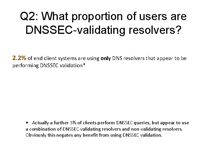 Q 2: What proportion of users are DNSSEC-validating resolvers? 2. 2% of end client