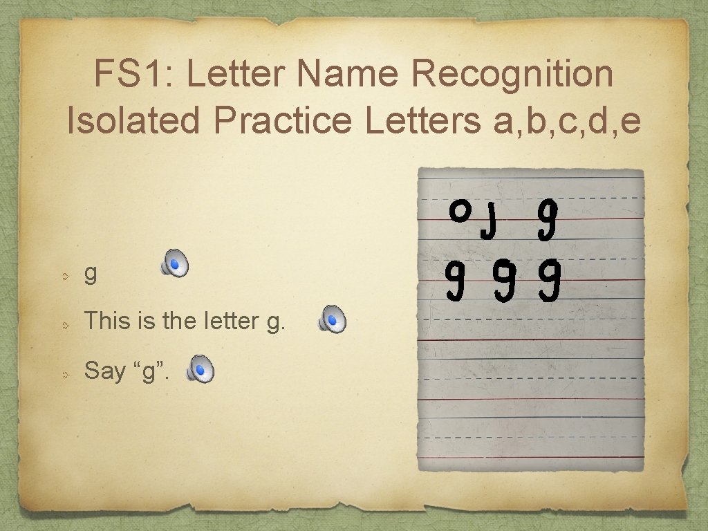 FS 1: Letter Name Recognition Isolated Practice Letters a, b, c, d, e g