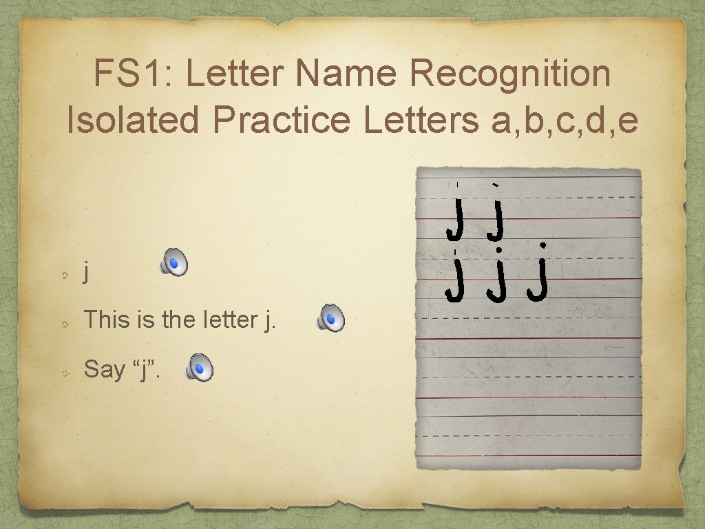 FS 1: Letter Name Recognition Isolated Practice Letters a, b, c, d, e j