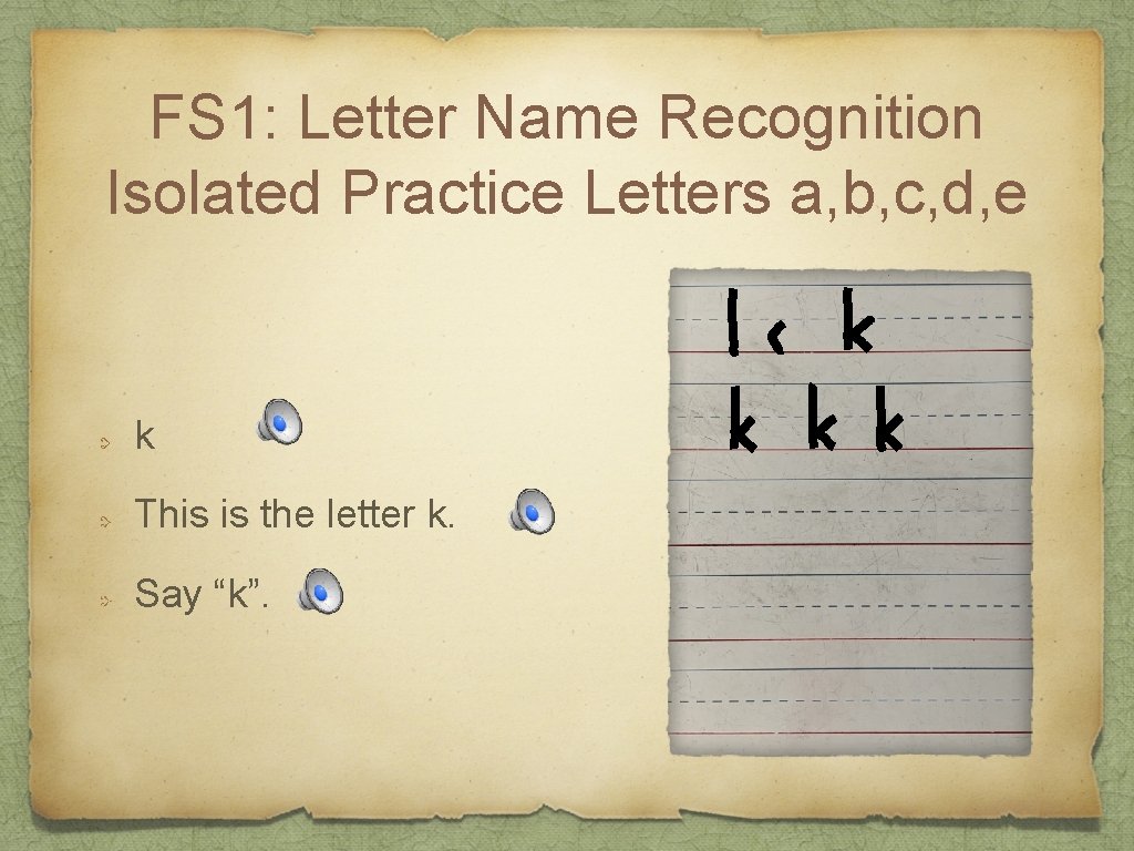 FS 1: Letter Name Recognition Isolated Practice Letters a, b, c, d, e k