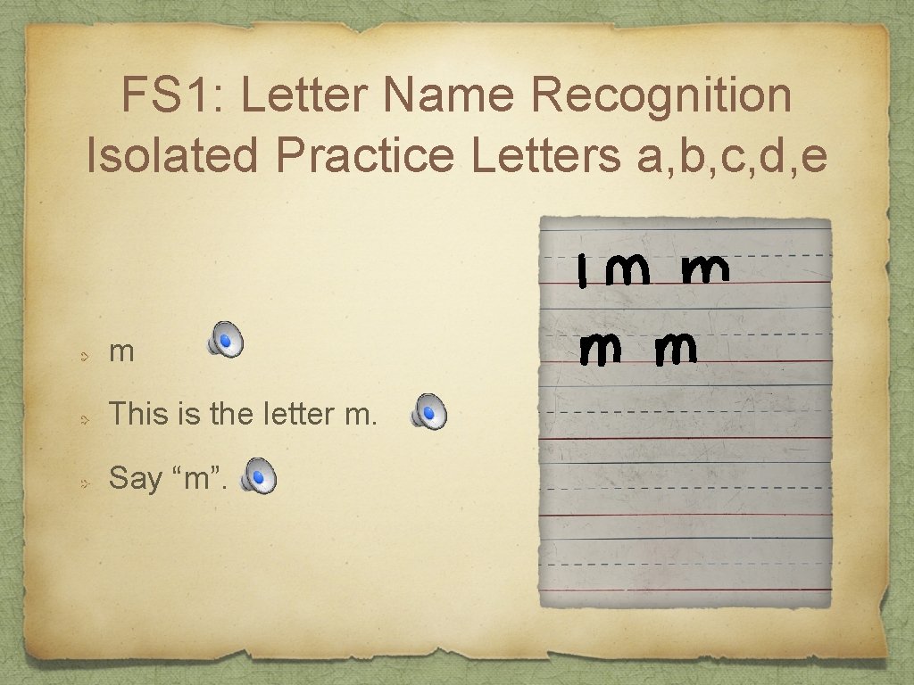 FS 1: Letter Name Recognition Isolated Practice Letters a, b, c, d, e m