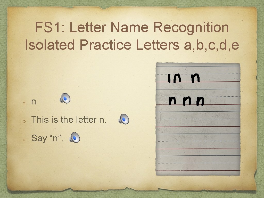 FS 1: Letter Name Recognition Isolated Practice Letters a, b, c, d, e n