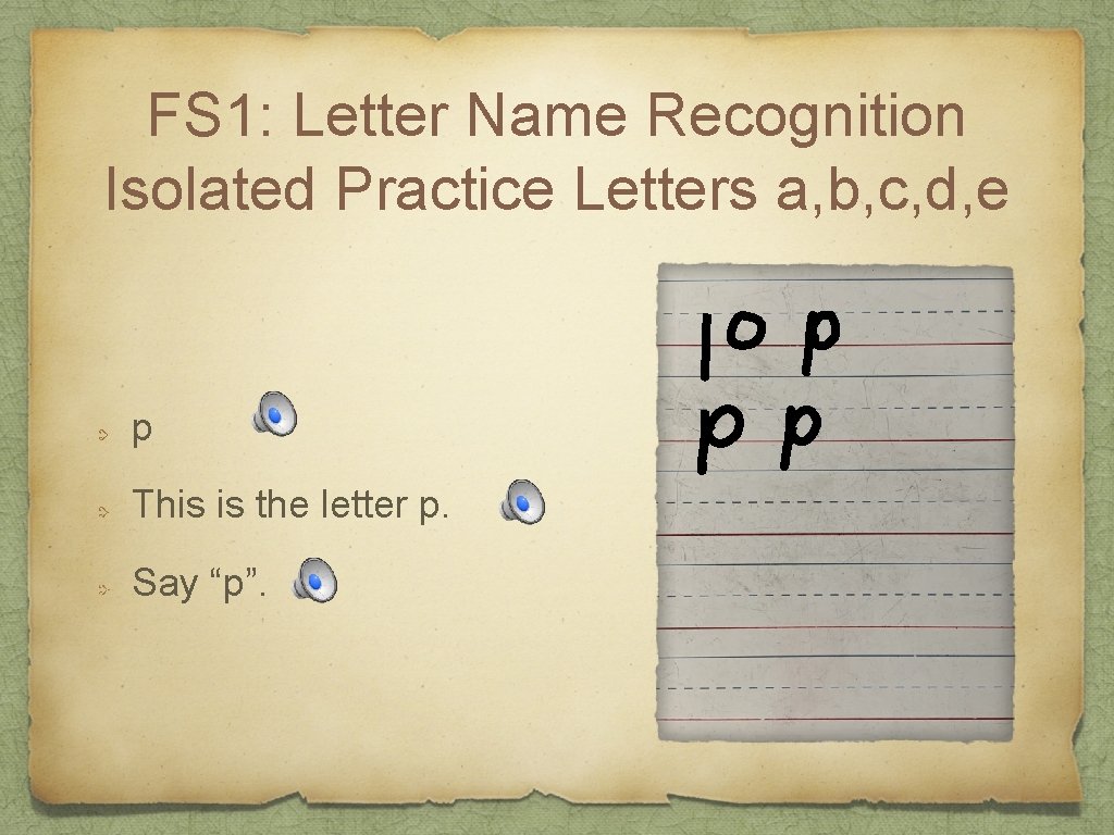 FS 1: Letter Name Recognition Isolated Practice Letters a, b, c, d, e p