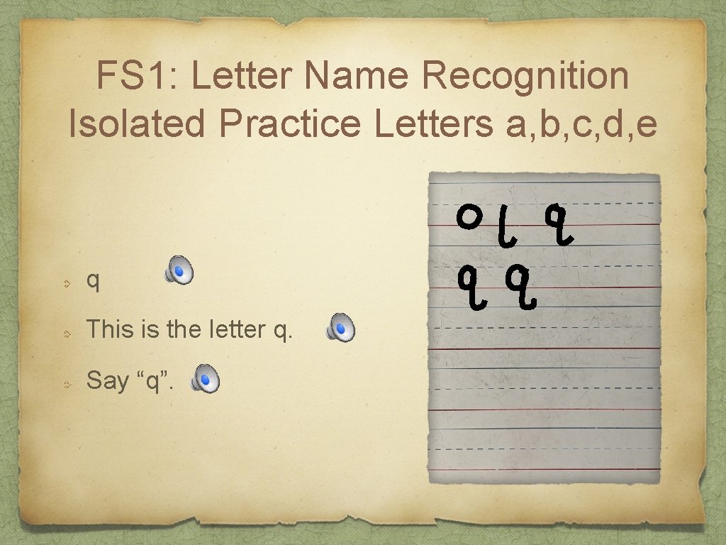 FS 1: Letter Name Recognition Isolated Practice Letters a, b, c, d, e q