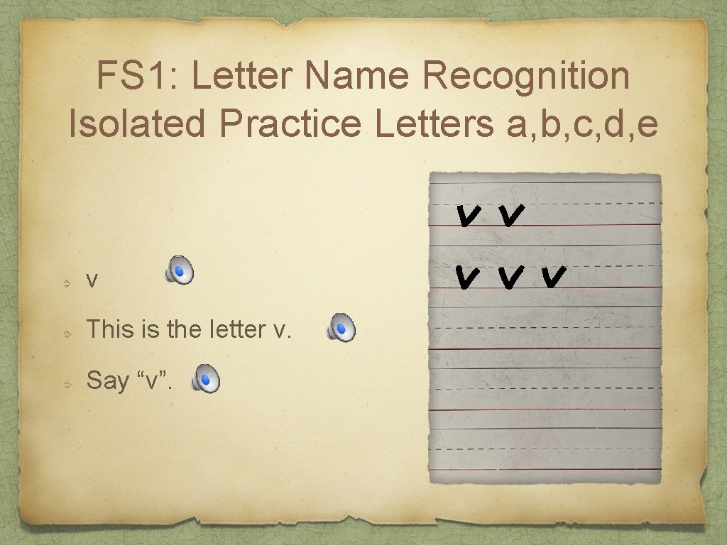 FS 1: Letter Name Recognition Isolated Practice Letters a, b, c, d, e v