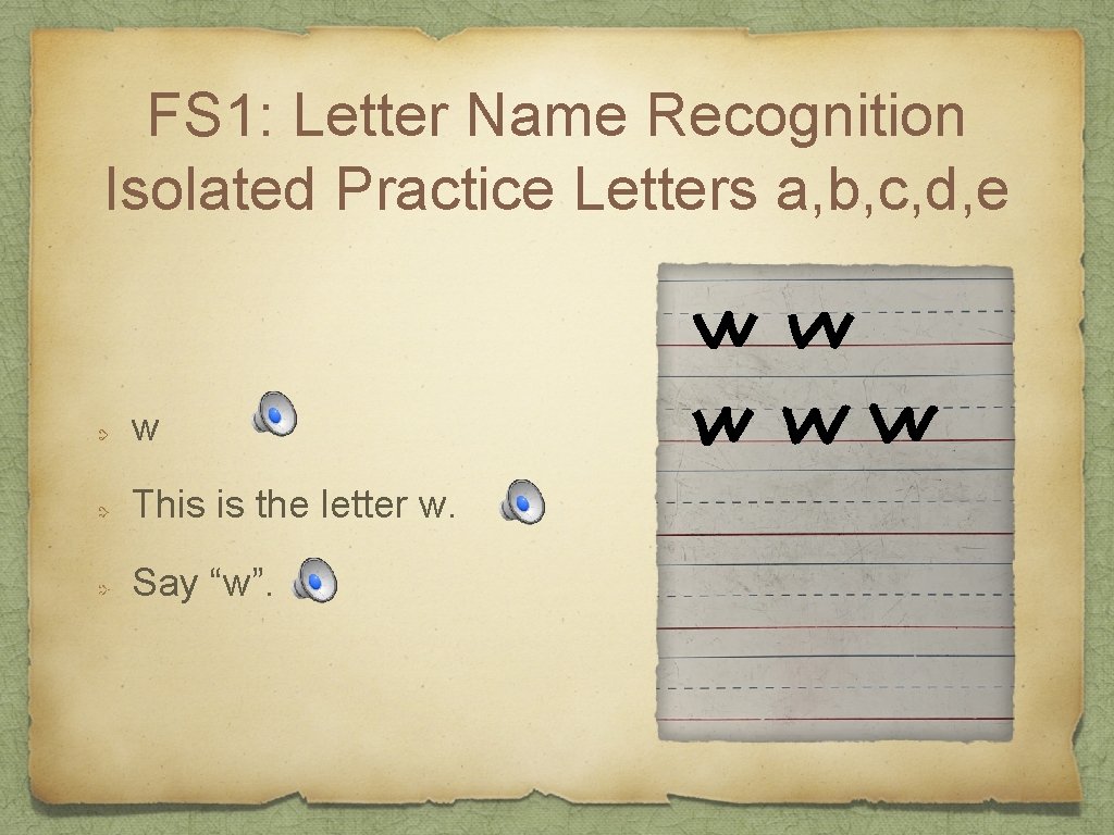 FS 1: Letter Name Recognition Isolated Practice Letters a, b, c, d, e w