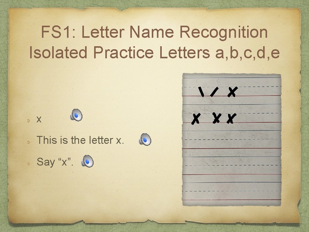 FS 1: Letter Name Recognition Isolated Practice Letters a, b, c, d, e x
