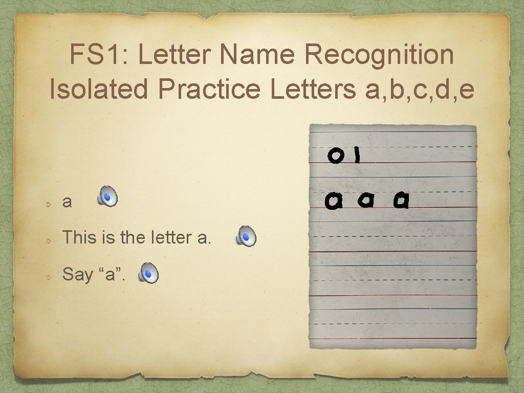 FS 1: Letter Name Recognition Isolated Practice Letters a, b, c, d, e a