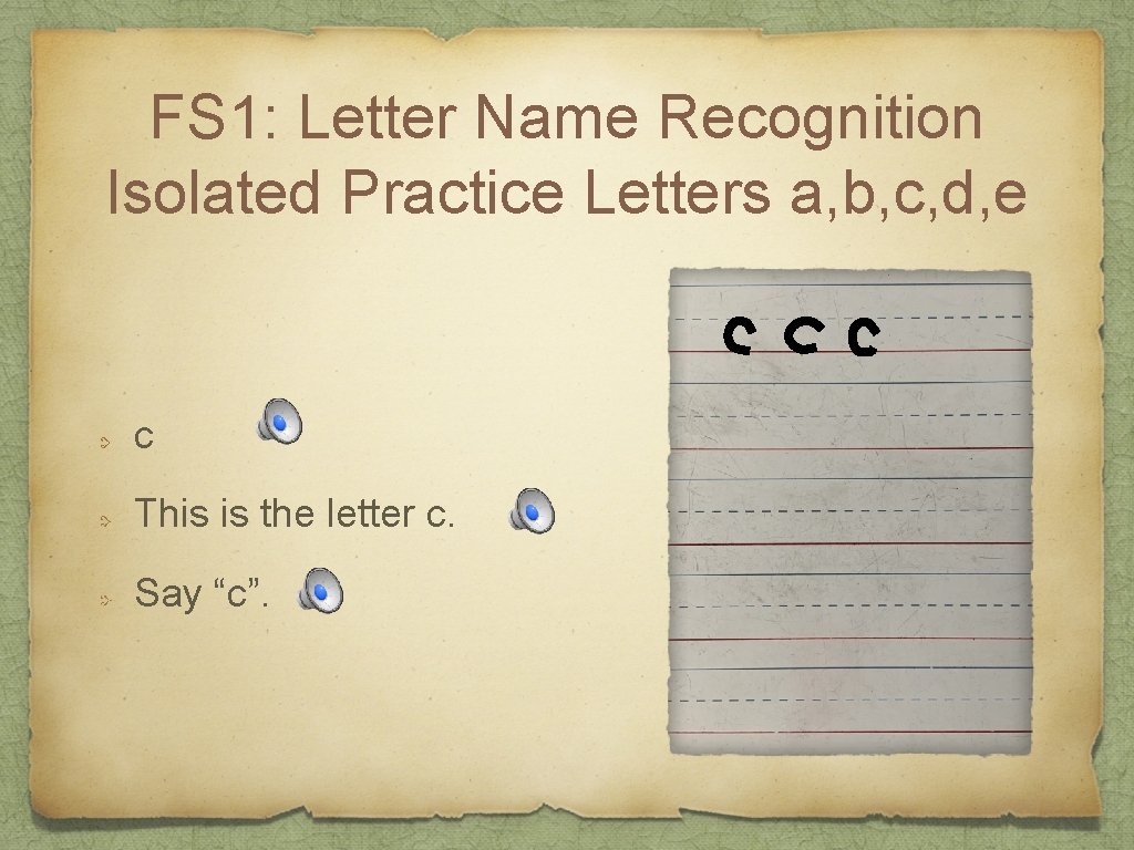 FS 1: Letter Name Recognition Isolated Practice Letters a, b, c, d, e c