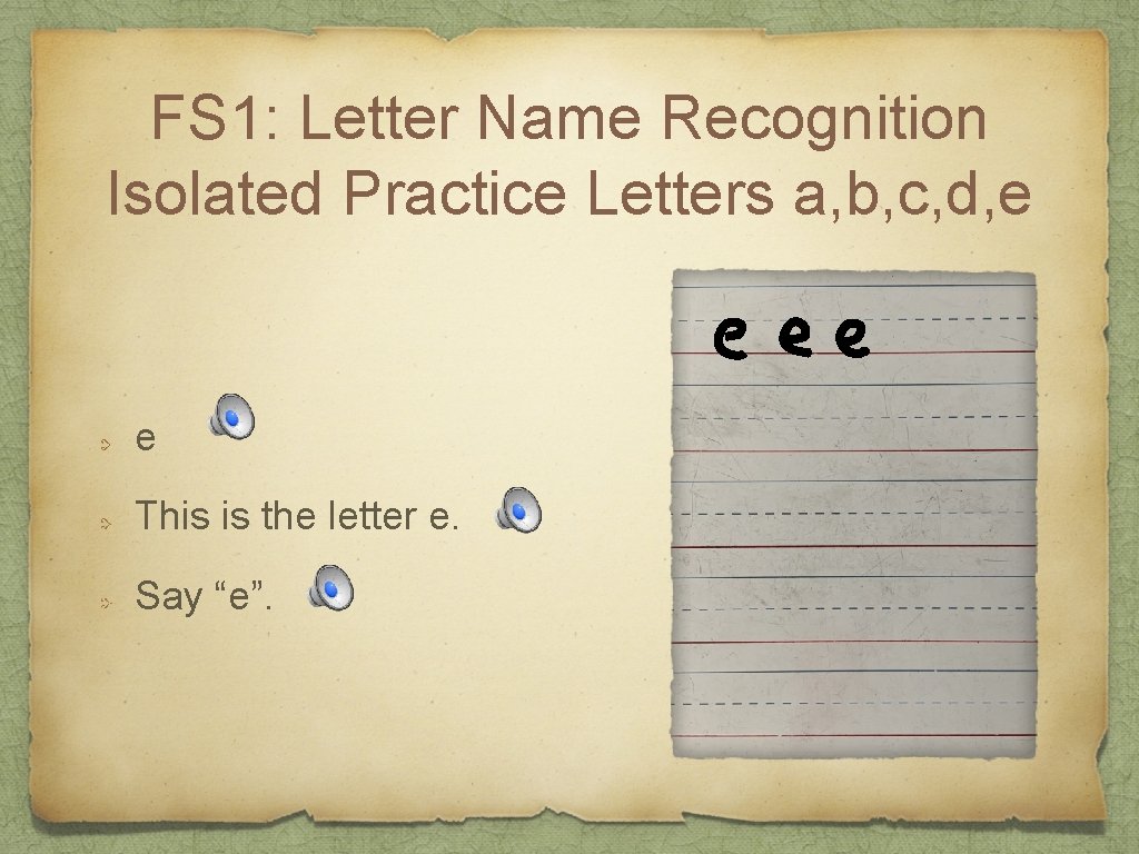 FS 1: Letter Name Recognition Isolated Practice Letters a, b, c, d, e e