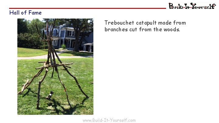 Hall of Fame Trebouchet catapult made from branches cut from the woods. www. Build-It-Yourself.
