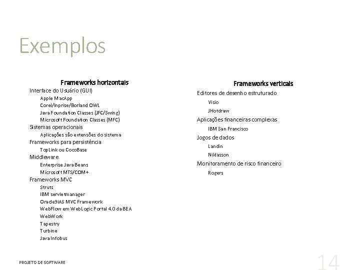 Exemplos Frameworks horizontais Interface do Usuário (GUI) Apple Mac. App Corel/Inprise/Borland OWL Java Foundation