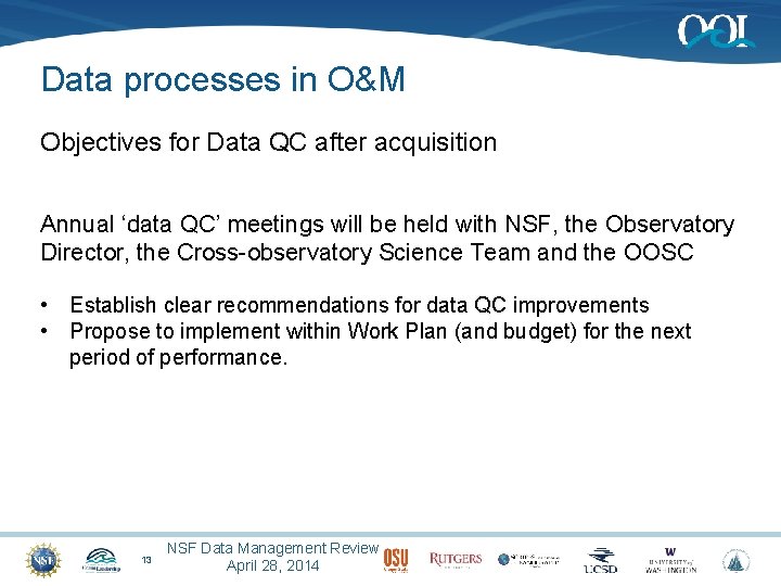 Data processes in O&M Objectives for Data QC after acquisition Annual ‘data QC’ meetings