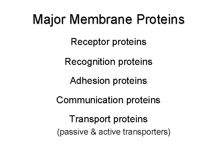 Major Membrane Proteins Receptor proteins Recognition proteins Adhesion proteins Communication proteins Transport proteins (passive Major Membrane Proteins Receptor proteins Recognition proteins Adhesion proteins Communication proteins Transport proteins (passive