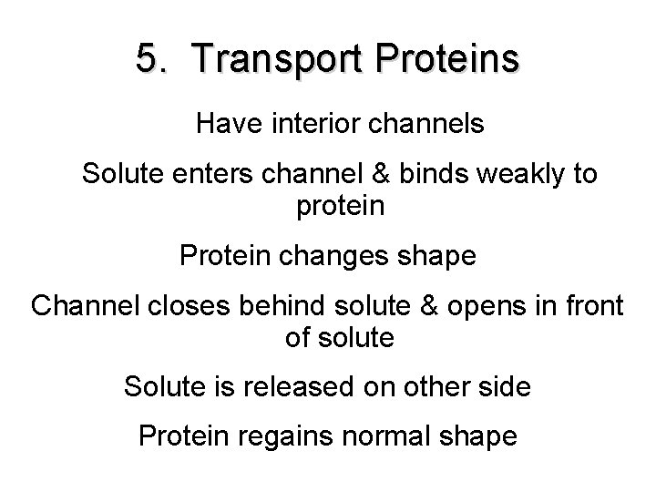 5. Transport Proteins Have interior channels Solute enters channel & binds weakly to protein 5. Transport Proteins Have interior channels Solute enters channel & binds weakly to protein