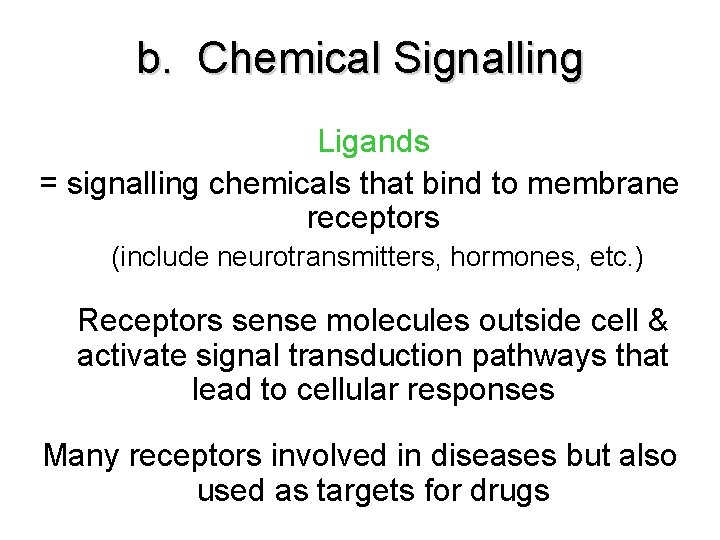 b. Chemical Signalling Ligands = signalling chemicals that bind to membrane receptors (include neurotransmitters, b. Chemical Signalling Ligands = signalling chemicals that bind to membrane receptors (include neurotransmitters,