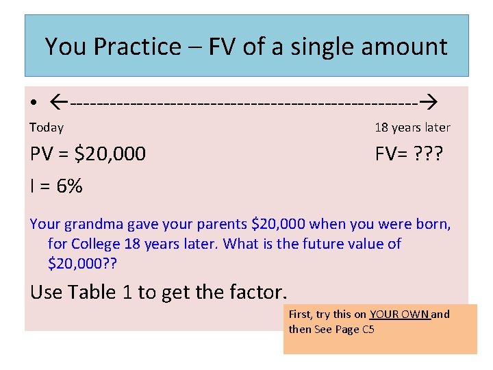 You Practice – FV of a single amount • -------------------------- Today 18 years later