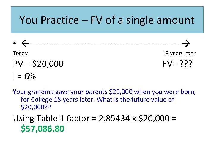 You Practice – FV of a single amount • -------------------------- Today 18 years later