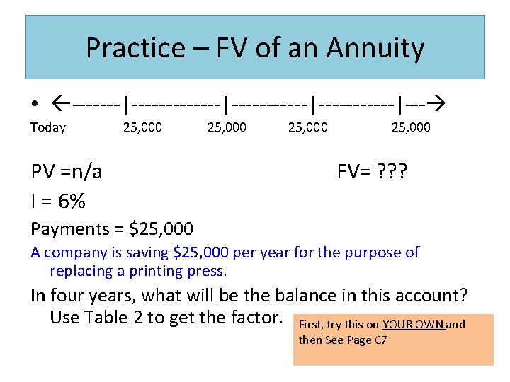 Practice – FV of an Annuity • -------|-----------|------|--- Today 25, 000 PV =n/a I