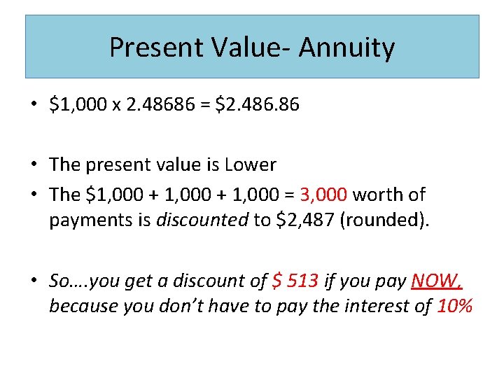 Present Value- Annuity • $1, 000 x 2. 48686 = $2. 486. 86 •